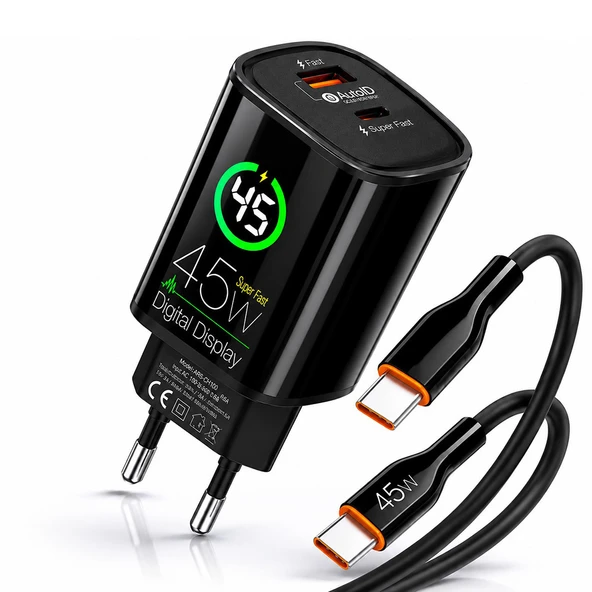 CH100 Dijital Ekranlı 45W Hızlı Şarj Adaptörü ve Pd Kablo Set ürün görseli 1