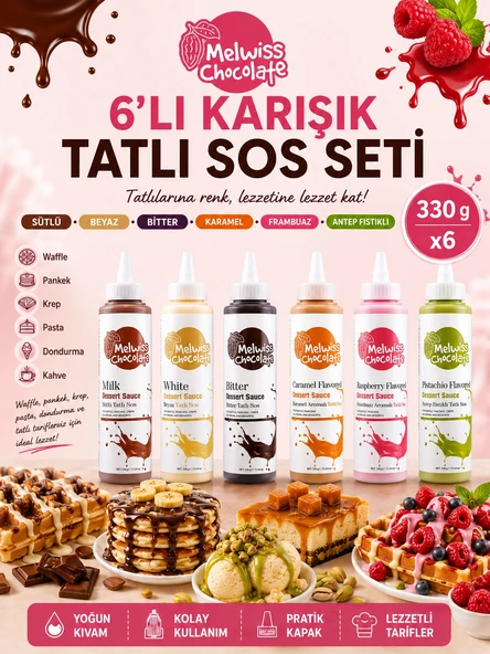 Melwiss Chocolate 6’lı Karışık Tatlı Sos Seti Waffle Pasta Pankek Sosları 330 gr x 6 ürün görseli 1