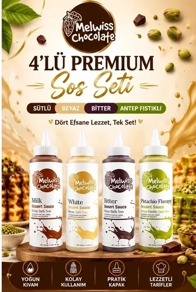 Melwiss Chocolate 4’lü Premium Tatlı Sos Seti Sütlü Beyaz Bitter Antep Fıstıklı 330 Gr x 4 ürün görseli 1