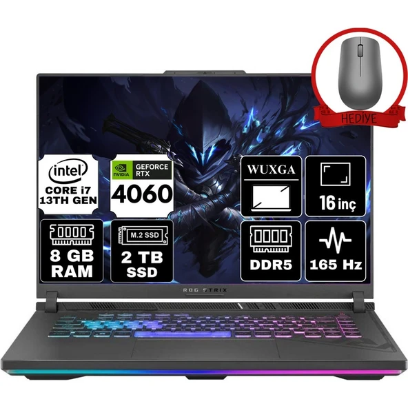 Asus Rog Strix G16 Intel Core I7 13650HX 8gb 2tb SSD RTX4060/8GB 165Hz Freedos 16" Wuxga Taşınabilir Bilgisayar G614JV-N3452-A3 ürün görseli 1