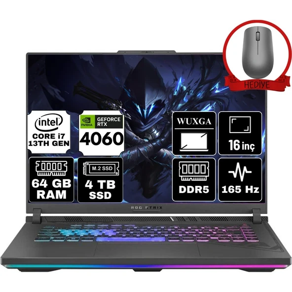 Asus Rog Strix G16 Intel Core I7 13650HX 64GB 4tb SSD RTX4060/8GB 165Hz Windows 11 Pro 16" Wuxga Taşınabilir Bilgisayar G614JV-N3452-A92 ürün görseli 1