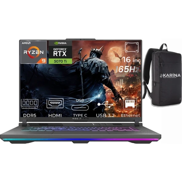 Asus Rog Strix G16 Ryzen 9 8940HX G614PR-RV050-K46 96GB 4tb+4tb RTX5070TI 12GB W11PRO 16" 165Hz Wuxga Gaming Laptop ürün görseli 1