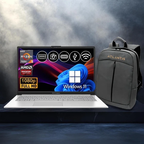 Asus Vivobook Go 15 RYZEN5-7520U 8gb 512GB Nvme SSD E1504FA-BQ1741 ATL25 15.6" WIN11PRO Notebook+Çanta ürün görseli 1