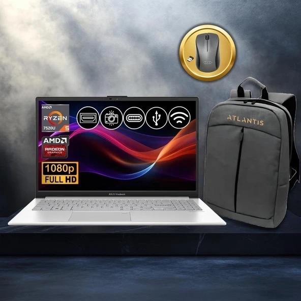 Asus Vivobook Go 15 RYZEN5-7520U 8gb 2tb Nvme SSD E1504FA-BQ1741 ATL15 15.6" Freedos Notebook+Çanta+Mouse ürün görseli 1