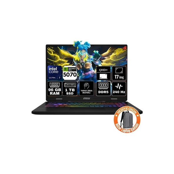 MSI Msı Crosshaır 17 Hx Aı Intel Core Ultra 7 255HX 96GB 1tb SSD RTX5070 8gb Freedos 17" Qhd+ 240Hz Taşınabilir Bilgisayar D2XWGKG-018XTR-A22 ürün görseli 1