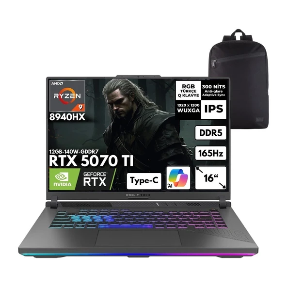 Asus Rog Strix G16 Ryzen 9-8940HX 40-Gbddr5 4 Tbssd RTX5070TI (12GB-140W-GDDR7) 16" Wuxga 165Hz Freedos + Hmf Sırt Çantası G614PR-RV051HMF12 ürün görseli 1