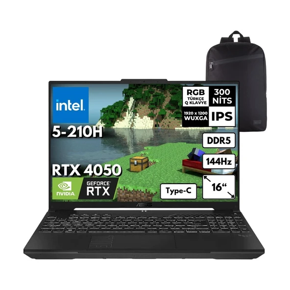 Asus Tuf F16 Intel 5-210H 48 GB DDR5 1 TB SSD RTX4050 (6GB-140W) 16" Wuxga 144Hz Freedos + Sırt Çantası FX607VU-RL146HMF6 ürün görseli 1