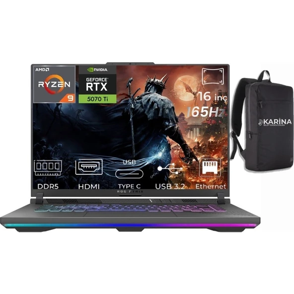 Asus Rog Strix G16 Ryzen 9 8940HX G614PR-RV050-K10 96GB 4tb RTX5070TI 12GB Freedos 16" 165Hz Wuxga Gaming Laptop ürün görseli 1