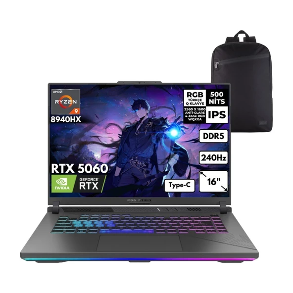Asus Rog Strix G16 RYZEN9-8940HX 64-Gbddr5 1 Tbssd RTX5060 (8gb-Gddr7) 16" Wqxga 240Hz Windows 11 Pro + Hmf Sırt Çantası G614PM-S5062HMF18 ürün görseli 1