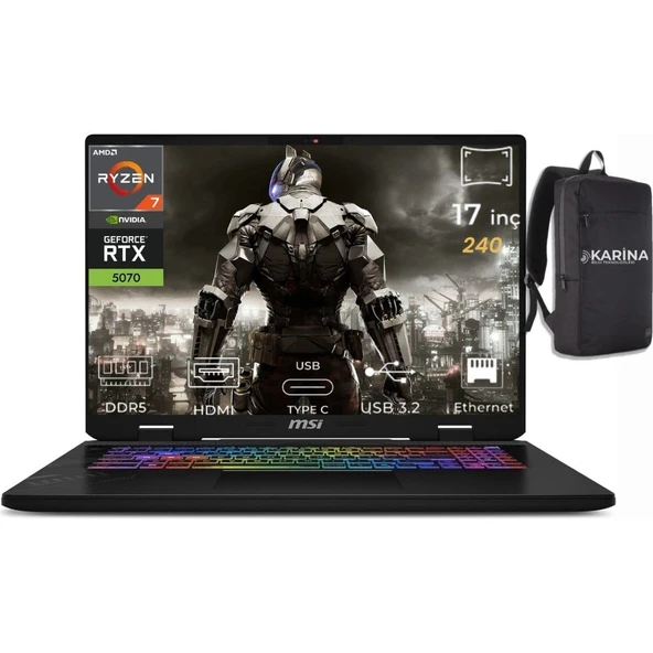 MSI Msı Crosshair A17 Hx Ryzen 7 8840HX D8WGKG-038XTR-K26 96GB 1tb RTX5070 8gb W11PRO 17" Wqxga Gaming Laptop & D8WGKG038XTRK26 ürün görseli 1