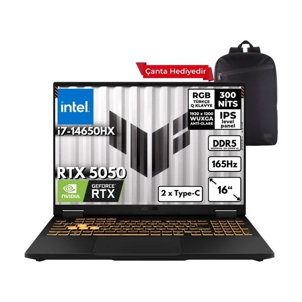 Asus Tuf Gaming F16 I7-14650HX 48-Gbddr5 4 Tbssd RTX5050 (8GB-GDDR7-115W) 16" Wuxga 165Hz Freedos + Sırt Çantası FX608JHR-RV048ZG12 ürün görseli 1