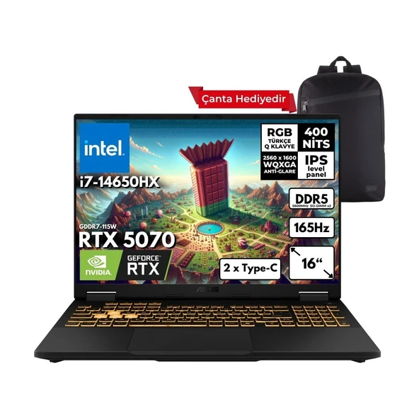 Asus Tuf Gaming F16 I7-14650HX 48 -Gbddr5 4 Tbssd RTX5070 (8GB-GDDR7-115W) 16" 2.5k Wqxga 165Hz Freedos Taşınabilir Bilgisayar + Sırt Çantası FX608JPR-QT002HMF15 ürün görseli 1