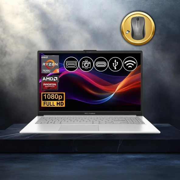 Asus Vivobook Go 15 RYZEN5-7520U 8gb 2tb Nvme SSD E1504FA-BQ1741 Atl7 15.6" Freedos Notebook+Mouse ürün görseli 1