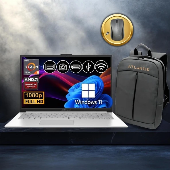 Asus Vivobook Go 15 RYZEN5-7520U 8gb 2tb Nvme SSD E1504FA-BQ1741 ATL31 15.6" WIN11PRO Notebook+Çanta+Mouse ürün görseli 1