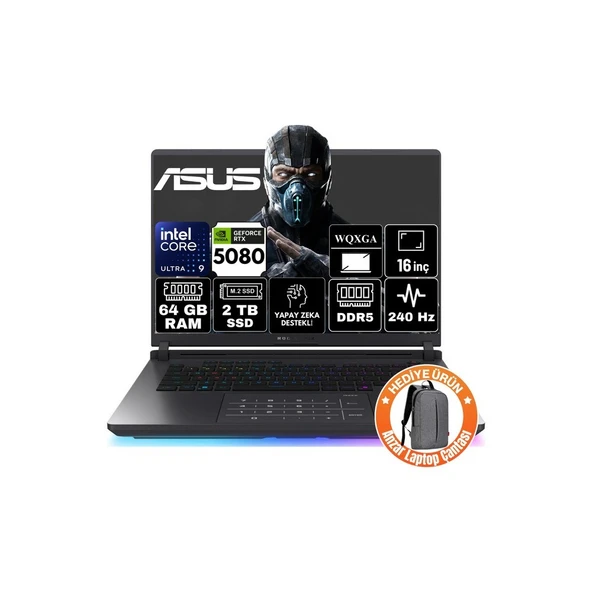Asus Rog Strix G16 Intel Core Ultra 9 275HX 64GB 2tb SSD RTX5080 16GB 175W Freedos 16" 240Hz Wqxga Taşınabilir Bilgisayar G615LW-S5185-A28 ürün görseli 1