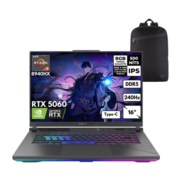 Asus Rog Strix G16 RYZEN9-8940HX 48 -Gbddr5 2 Tbssd RTX5060 (8gb-Gddr7) 16" Wqxga 240Hz Freedos + Hmf Sırt Çantası G614PM-S5062HMF9 ürün görseli 1
