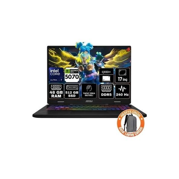 MSI Msı Crosshaır 17 Hx Aı Intel Core Ultra 7 255HX 48GB 512GB SSD RTX5070 8gb Freedos 17" Qhd+ 240Hz Taşınabilir Bilgisayar D2XWGKG-018XTR-A11 ürün görseli 1