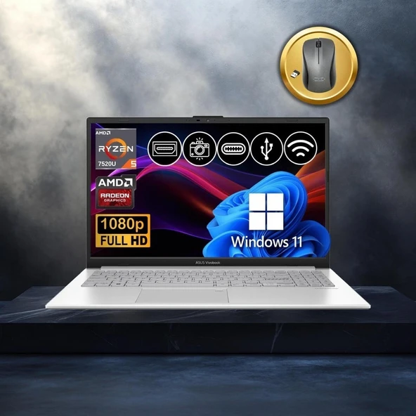 Asus Vivobook Go 15 RYZEN5-7520U 8gb 2tb Nvme SSD E1504FA-BQ1741 ATL23 15.6" WIN11PRO Notebook+Mouse ürün görseli 1