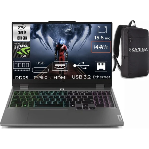 Lenovo Loq 15IRX10 Intel Core I7-13700HX 83JE00KMTR-K042 24GB 4tb+4tb RTX5050 8gb Freedos 15.6" 144Hz Full Hd Gaming Laptop & Karina Çanta ürün görseli 1