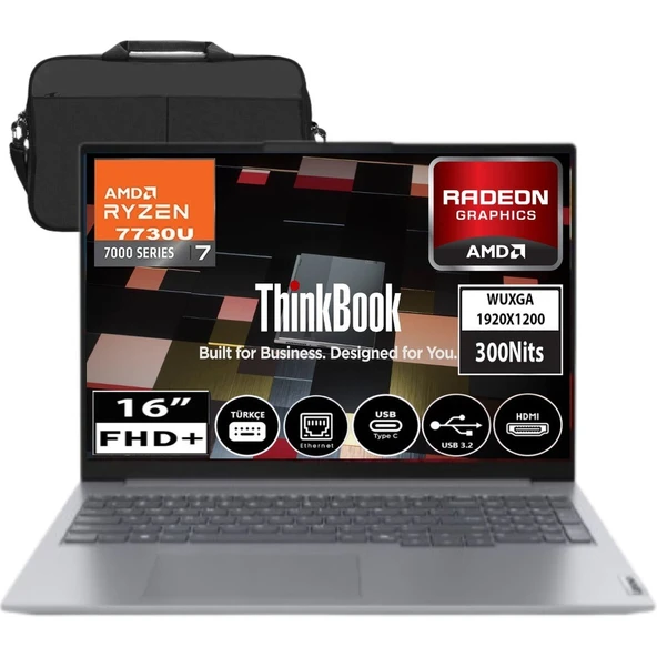 Lenovo Thinkbook 16 G7 Arp Amd Ryzen 7 7735HS 64GB Ddr5 512GB SSD Radeon 680M 16" Wuxga 300NITS IPS Fredos Taşınabilir Bilgisayar 21MW002CTR05 &çanta ürün görseli 1