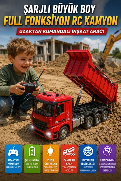 Şarjlı Uzaktan Kumandalı RC Damperli Kamyon Büyük Boy Işıklı İnşaat Oyuncağı ürün görseli 1