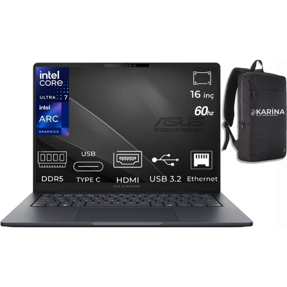 Asus Expertbook B5 Intel Core Ultra 7 255H B5605CCA-U716512B1D-K33 64GB 1tb Intel Arc Graphics W11PRO 16" Wuxga (1920X1200) IPS 300NITS Taşınabilir Dizüstü Bilgisayar & Karina Çanta ürün görseli 1