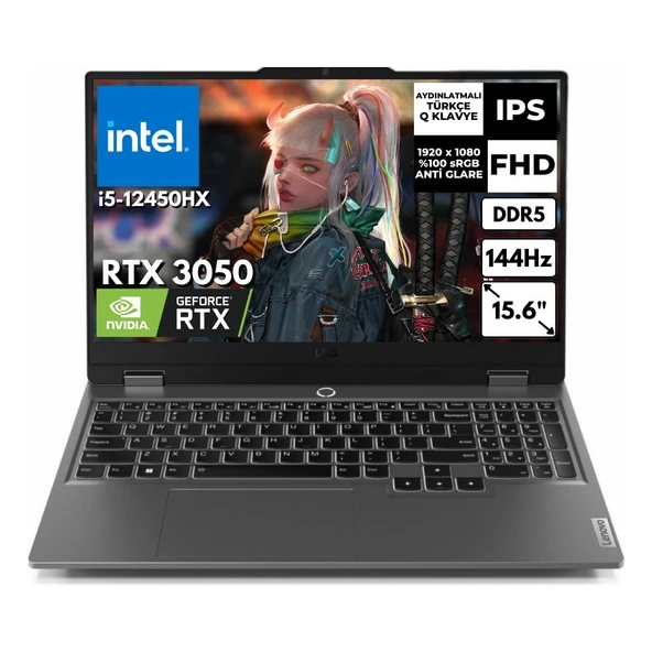 Lenovo Loq 15IAX9 I5-12450HX 32 GB 4 Tbssd 6gb RTX3050 15.6" 144Hz Fhd Freedos Gaming Laptop 83GS00QBTRAT15 ürün görseli 1