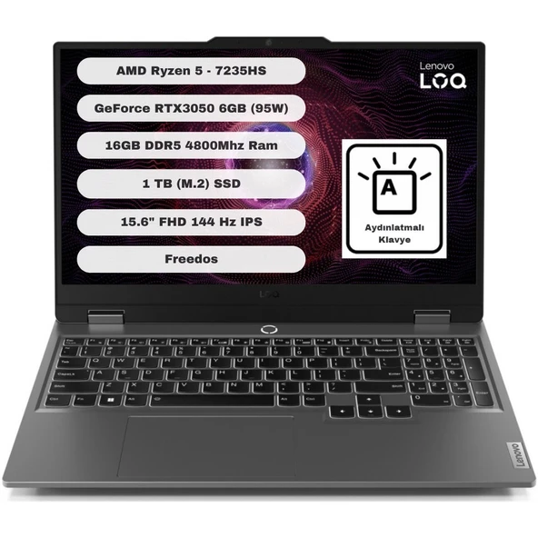 Lenovo Loq 15ARP9 Gtı1 Amd Ryzen 5 7235HS 16GB 1tb SSD RTX3050 Freedos 15.6'' Fhd Taşınabilir Bilgisayar 83JC000QTR ürün görseli 1