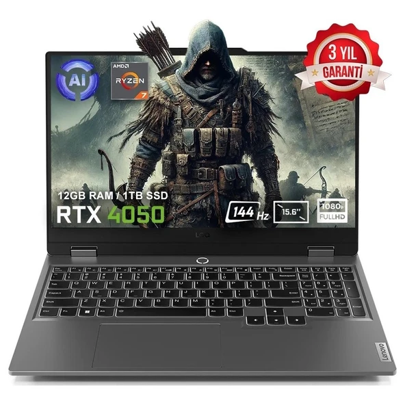 Lenovo Loq 15ARP9 83JC00E3TR FR40 Amd Ryzen 7-7435HS 48 GB Ddr5 2 Tb SSD RTX4050 6gb 105W 15.6" 144Hz Fhd Yok (Free Dos) Gaming Laptop ürün görseli 1