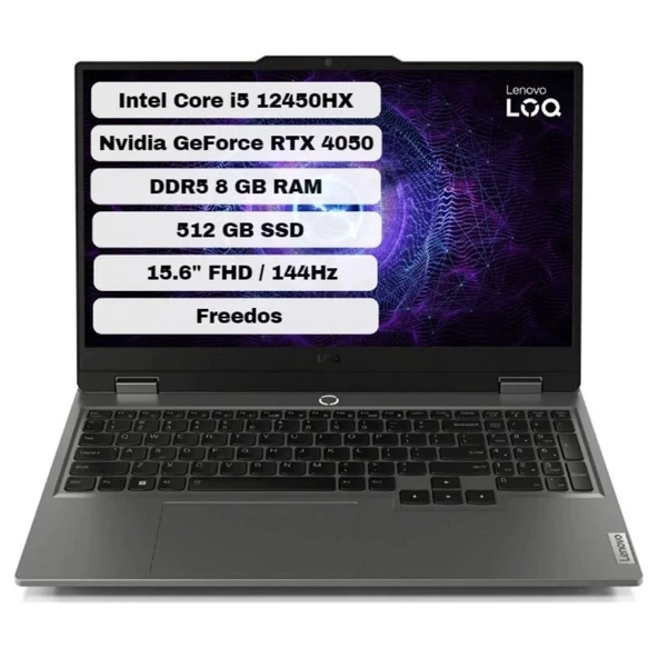 Lenovo Loq 15IAX9 83GS007WTR Intel Core I5 12450HX 8gb 512GB SSD Rtx 4050 Freedos 15.6" Fhd Taşınabilir Bilgisayar ürün görseli 1