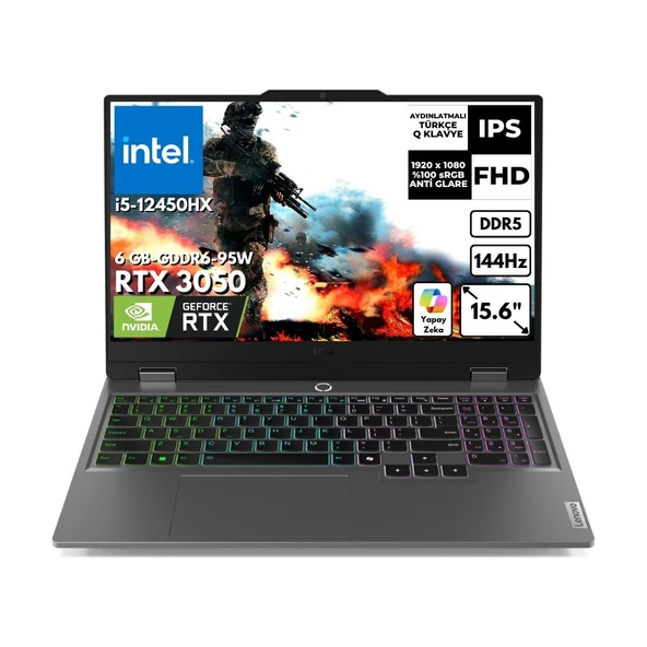 Lenovo Loq 15IAX9 I5-12600HX 40 GB 512 GB SSD 6gb RTX3050 15.6" 144Hz Fhd Freedos Gaming Laptop 83GS00R7TRAT17 ürün görseli 1