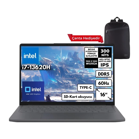 Lenovo Ideapad Slim 3 I7-13620H 24-Gbddr5 1 Tbssd Intel® UHD Graphics 16" Wuxga Freedos + Sırt Çantası Taşınabilir Bilgisayar 83K2001WTRHMF3 ürün görseli 1