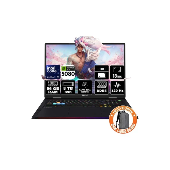 MSI Msı Raıder 18 Hx Aı Intel Core Ultra 9 285HX 96GB 8tb SSD RTX5080/16GB Freedos 18" 120Hz Taşınabilir Bilgisayar A2XWIG-218TR-A10 ürün görseli 1