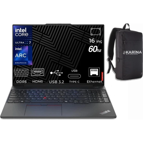 Lenovo Thinkpad E16 Gen 3 Ultra 7 255H 21SR006RTX-K58 96GB 2tb Arc 140T W11PRO 16"60Hz Wuxga Notebook ürün görseli 1