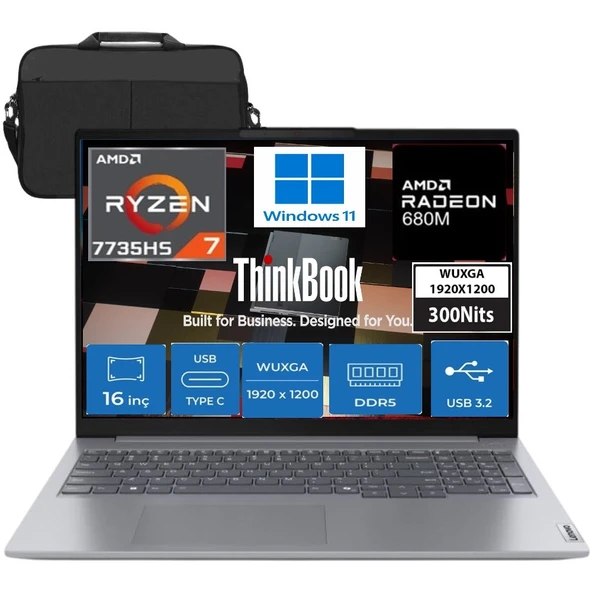 Lenovo Thinkbook 16 G7 Arp Amd Ryzen 7 7735HS 40GB Ddr5 1tb SSD Radeon 680M 16" Wuxga 300NITS IPS Windows 11 Taşınabilir Bilgisayar 21MW002CTR9 &çanta ürün görseli 1
