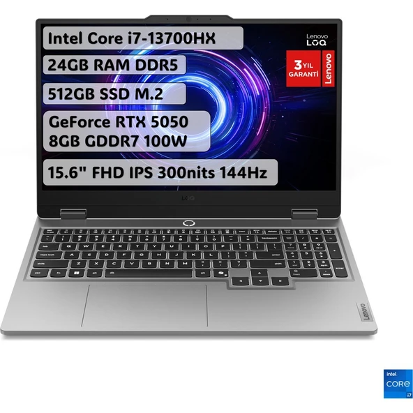 Lenovo LOQ Intel Core i7 13700HX 24GB 512GB SSD RTX5050 Freedos 15.6" FHD 144Hz Taşınabilir Bilgisayar 83JE00LATR ürün görseli 1