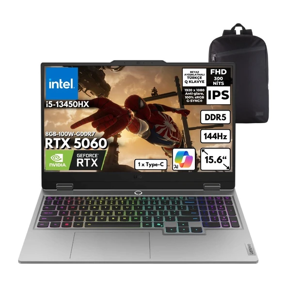 Lenovo Loq I5-13450HX 64-Gbddr5 4 Tbssd RTX5060 (8GB-100W-GDDR7) 15.6" Fhd Freedos + Hmf Sırt Çantası 83JE00ENTRHMF15 ürün görseli 1