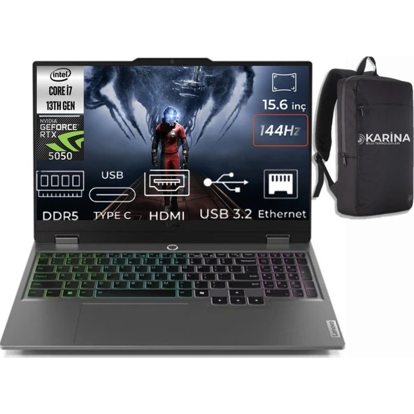 Lenovo Loq 15IRX10 Intel Core I7-13700HX 83JE00KMTR-K006 24GB 1tb RTX5050 8gb Freedos 15.6" 144Hz Full Hd Gaming Laptop & Karina Çanta ürün görseli 1