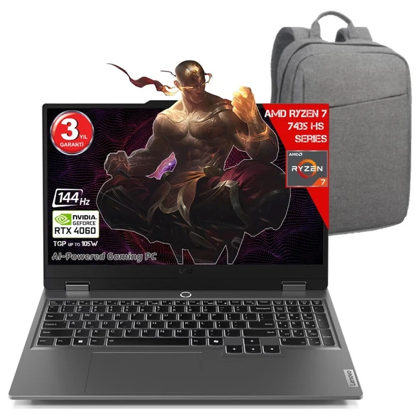 Lenovo Loq 15ARP9 Aı Amd Ryzen 7-7435HS 20 GB Ram Ddr5 2 Tb SSD RTX4060 8gddr6 15.6 IPS 144Hz Fhd Freedos 83JC00FJTR-202C Taşınabilir Bilgisasyar + Çanta (Yapay Zeka Destekli) ürün görseli 1