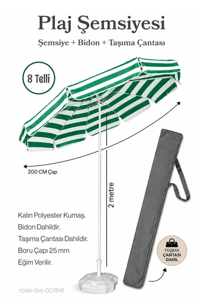 Yeşil Beyaz 200 Çap / 8 Telli Plaj Şemsiyesi  + Bidon + Taşıma Çantası Dahil ürün görseli 1