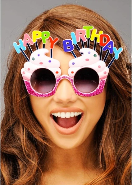 Happy Birthday Yazılı Pembe Fuşya Renk Parti Gözlüğü 12x7 cm ürün görseli 1
