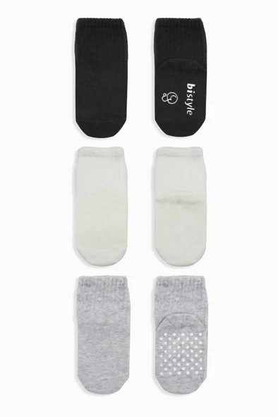 3'Lü Basic Kaymaz Penye Soket Çorap 10107 Siyah Ekru Gri - Resim 2