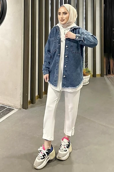 Koyu Mavi Kar Yıkama Püskül Detay Kot Ceket Oversize ürün görseli 1