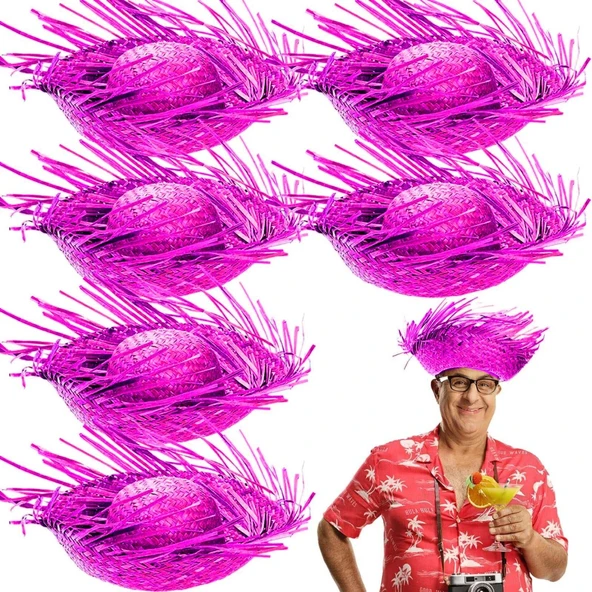 Tropikal Parti Pembe Fuşya Hasır Hawaii Şapkası 13x36 cm ürün görseli 1