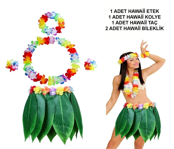 Yetişkin Hawaii Kostüm Seti - Yaprak Etek  ve Aksesuar Seti- 5 Parça ürün görseli 1