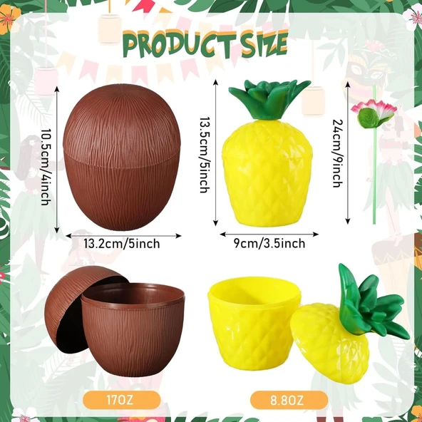 Ananas&Hindistan Cevizi Tasarımlı Pipetli Bardak Seti (6 Adet) ürün görseli 1