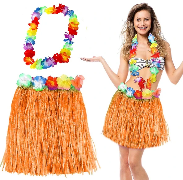 Hawaii Luau Aloha Turuncu Püsküllü 40 cm Etek ve Hawaii Kolye Seti ürün görseli 1