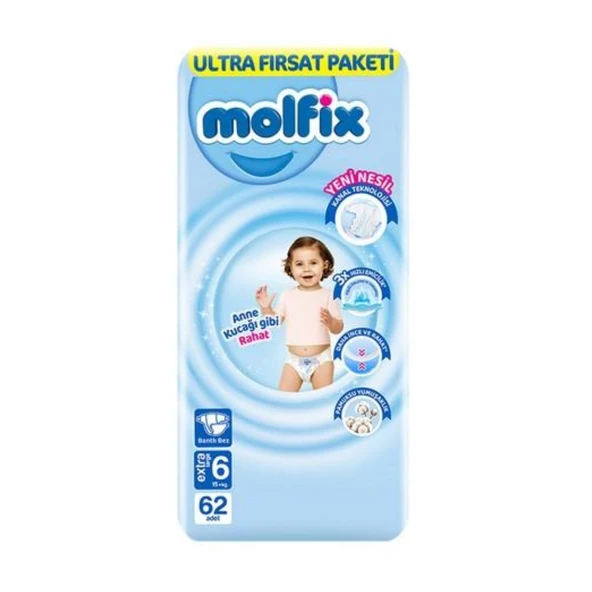Bebek Bezi Ultra Fırsat Paketi 6 Beden 15+ Kg 62 Adet ürün görseli 1