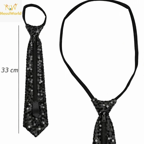 Siyah Renk Pul Payetli Işıltılı Parti Kravatı 33 cm ürün görseli 1