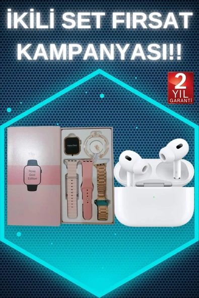 3 Kordonlu Pembe Amoled Ekran Akıllı Saat Ve Yeni Nesil Pro Kablosuz Bluetooth Kulaklık Anc/enc ürün görseli 1